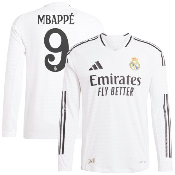 Real Madrid Home Authentic Shirt 2024-25 - Long Sleeve with Mbappé 9 printing